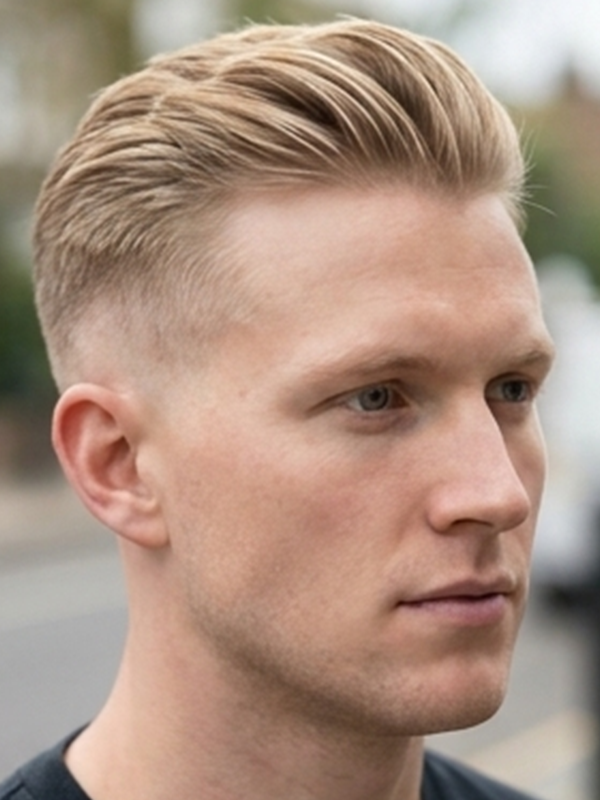 Middle part bij een man met blond haar