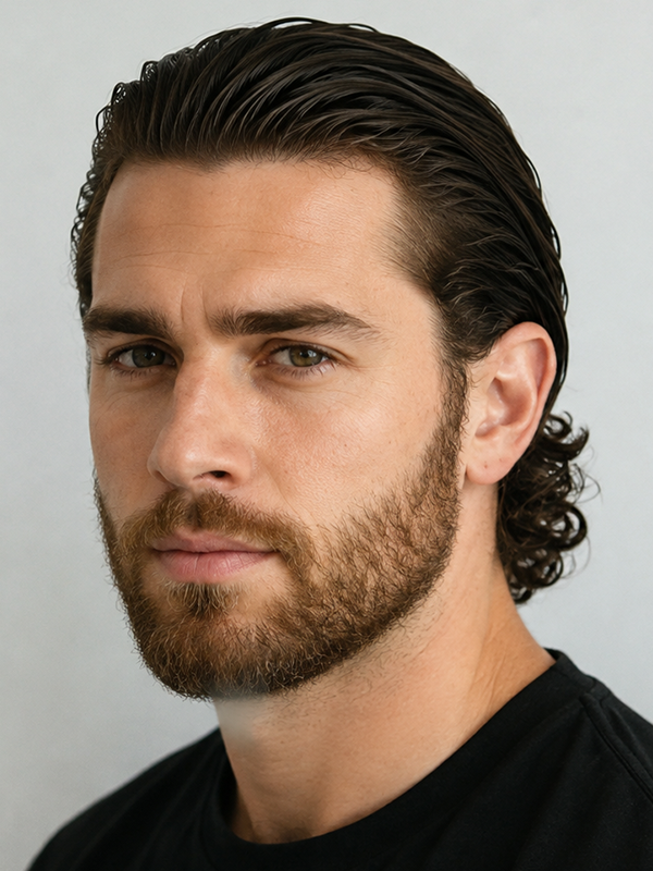 Klassischer Slick Back mit Glanz bei einem Mann mit dunklem Haar