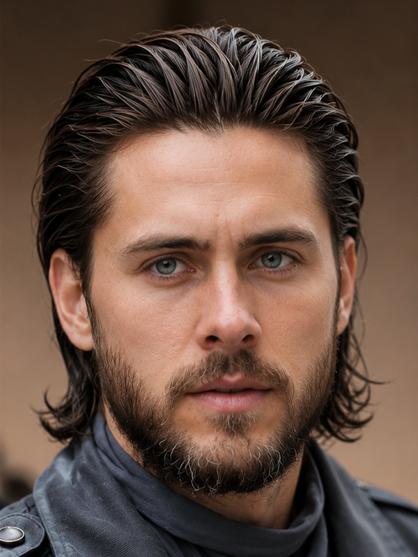 Slicked-Back-Haar bei einem Mann Mitte vierzig
