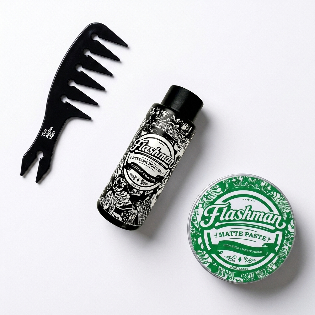 Quiff Essentials Kit - Flashman Styling Powder, Flashman Matte Paste en The Alpha Men Texture Comb