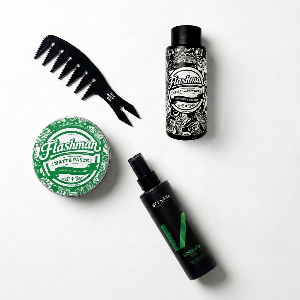 Quiff Complete Kit - Flashman Styling Powder, Flashman Matte Paste, By Vilain Sidekick Pre-Styler en The Alpha Men Texture Comb